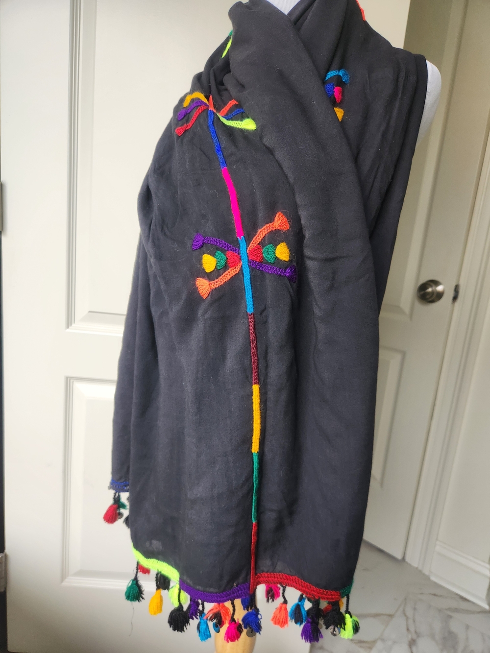 Black Embroidered Headscarf Scarf Shawl Morrocan African Tassels Boho Colorful